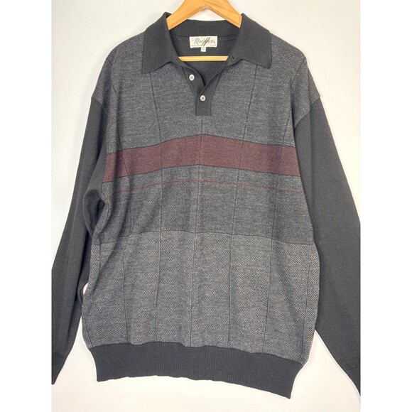 Vintage Modango Sweater Mens XL Black Gray Merino Wool Blend Long Sleeve Polo - Picture 2 of 15